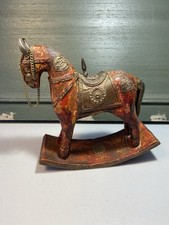 Vintage Hand Painted India Wooden Horse Statue With Brass Accents picture