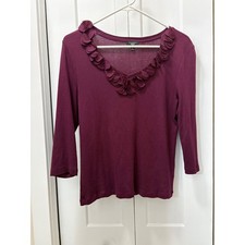 Talbots Petites medium Plum Ruffle V-Neck 3/4 Sleeve Cotton Modal Top Medium P picture