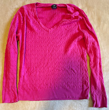 Talbots Women’s Pink Cable-Knit V-Neck Cotton Pullover Sweater Long Sleeve M picture