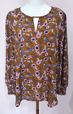 Pleione Women’s Brown Floral Keyhole Neck Long Sleeve Smocked Cuff Blouse M picture