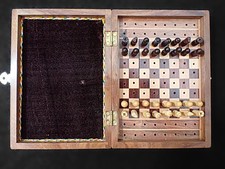 Vintage Wooden Travel Chess Set Folding Peg Board Velvet Lined Case COMPLETE 32 picture