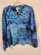 Chico's Art to Wear Ribbon Jacket Size 2 Full Zip Blue Purple Tie Dye Boho VTG picture
