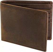 Men RFID Blocking Full Grain Crazy Horse Leather Men's Bifold Center Flap Wallet picture