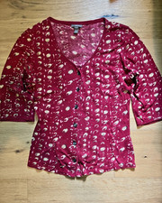 J. Jill Women’s Red Burnout Moon Print Button Front Knit Top 3/4 Sleeve picture