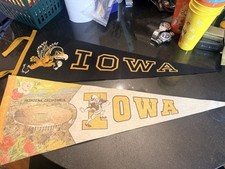 VINTAGE Lot 2 Iowa Hawkeyes Pennant 1950s Flocked Fighting Herky Rose Bowl IMPKO picture