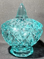 Teal Green Vaseline Uranium glass covered candy dish coffee sugar jar bowl glows picture