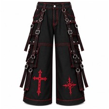 Men's Black Gothic Cargo Pants Red Stitching Cross Straps Wide Leg Punk Trousers picture