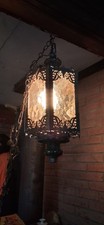 Vintage Amber Glass Hanging Lantern Pendant | Ornate Cast Metal Ceiling Light |  picture