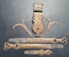 Antique 18th Century Hand Forged Wrought Iron Decorative Strap Hardware & Lock picture