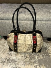 Marino Orlandi Croc Embossed Beige Satchel Top Handle Zip Gold Hardware picture
