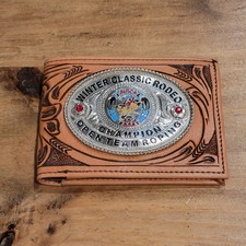 Rodeo Champion Buckle Leather Wallet Hand Tooled Western Team Roping AIRCA picture