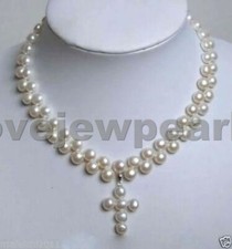 Charming 2 Rows White Akoya freshwater Pearl Cross Pendant Necklace 18
