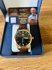 OLEVS Men's Quartz Watch Black Dial Gold Case Day/Date Brown Leather picture