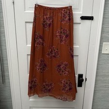 ELLE Womens 4 Rust Floral Chiffon Pleated Maxi Skirt Lined Romantic picture