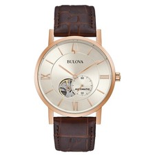 Bulova Men's Classic Automatic Skeleton Brown Leather Strap Watch 42 MM 97A150 picture