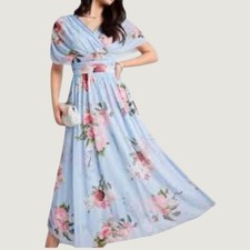 SHEIN Modely Light Blue Pink Floral Mesh V-Neck Maxi Dress Size L NWT picture