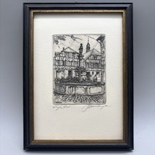 Vintage Hubert Wenzinger Signed German Etching Art Framed Ettenheim Fountain picture