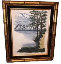 Nice Vintage MCM 18” OIL PAINTING Signed 1960s Bamboo Shaped Frame Eva Meyers picture
