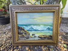 Vintage Original Oil Painting Framed Signed Bender72  Seaside Waves Rocks   picture