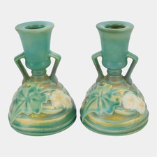 Roseville Luffa Green 1934 Vintage Art Pottery Ceramic Candle Holders 1097-4 picture