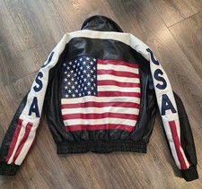 Vintage 80s 90s Urban Tan Leather USA Flag Bomber Jacket Mens ( L) Americana picture