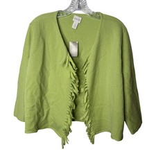 Chicos Flora Fringe Cardigan Sweater Market Green 100% Wool Size 2 L NEW picture