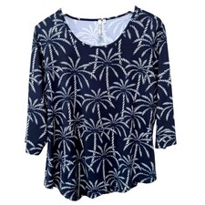 Lulu B Women's Top Large Navy Blue Tropical Palms Stretch Jersey Tee Preppy NWOT picture