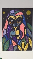 Original ACEO Art Card Abstract Colorful Animal Wildlife Folk Art Hand Drawn 2.5 picture