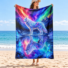 Aurora Wolf Reflection Coral Fleece Blanket Northern Lights Wildlife picture