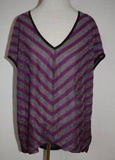 New Guess Top Black Purple Metallic Sheer V-Neck Blouse Medium picture