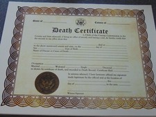 Authentic Looking Novelty Death Certificate. CREEP OUT YOUR FRIENDS & RELATIVES picture