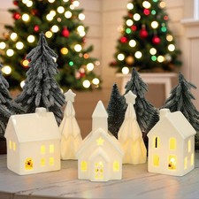 5 Pack Porcelain Light Up Christmas Village Sets, 3 Houses & 2 Trees Xmas Decor picture
