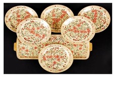 Rare 7 Piece Zsolnay Persian Cherry Blossom Bamboo Gold Dessert Cake Plate Set picture