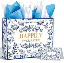 Vintage Blue Rose Large  Bag with Tissue Paper Card for Bridal Shower Engagement picture