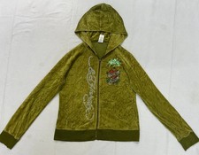 Vintage Ed Hardy Olive Green Rhinestone & Sequined Velour Full-Zip Hoodie picture