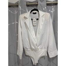 Zara Bodysuit Women Medium White Excellent Wrap Front Long Sleeve Blazer Style picture