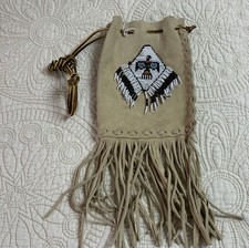 Vintage Southwest Suede Leather Pouch With Fringe & Beadwork, Light Beige picture