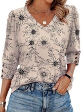 Womens 3/4 Sleeve V-Neck Button Top Casual Blouse for Summer Vacation picture