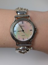 Vtg BOMA 925 Sterling Silver Mother of Pearl Quartz Watch Beaded Bracelet Sz 5.5 picture