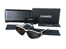 CHANEL SUNGLASSES BLACK WHITE FRAME CLASSIC 6056 CAT EYE WOMEN picture