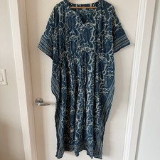 Anokhi East Long Maxi Kaftan One Size Blue Indigo Block Printed Boho Cotton EUC picture