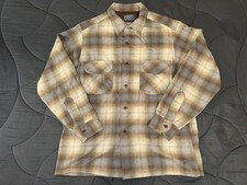 Vintage Pendleton Loop Collar Flannel Board Shirt Beige Plaid Virgin Wool Size L picture