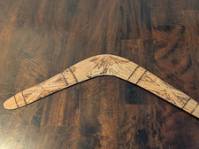 Vtg Hand Carved Hardwood Boomerang Kandaroo Wood Burned Pyrography 17