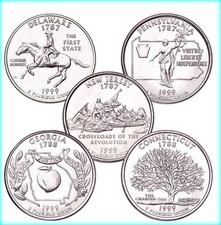 1999 D State Quarters ~ 5 Coin Set ~ BU Uncirculated Mint State 25c Collectible picture