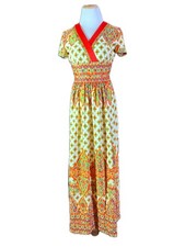 Vintage 1960s Maxi Dress Paisley Short Sleeve Metal Zipper picture