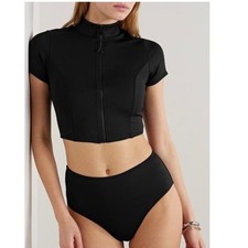 Good American Cropped Scuba Rash Guard Zip Front Swim Top Black Size 3 Womens picture