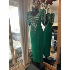 Vtg 80s Alyce Designs Green Silk Beaded Dress Open Back Sequin Sz 10 MSRP $500+ picture