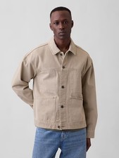 NWOT Gap Men’s Boxy Icon Denim Jacket, Sz L, Khaki Denim, Utility Pockets picture