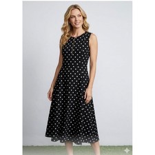 Calvin Klein Womens Polka Dot Sleeveless Midi Dress Black White Gold Zip Size 8 picture