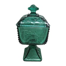 Vtg Jeannette Glass Spruce Green Oak Leaf Acorn Wedding Cake Box Candy Dish wLID picture